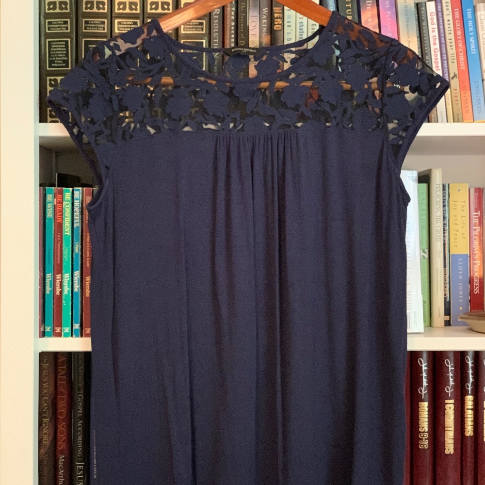 Navy Blue Short-Sleeve Shirt with Lace Top